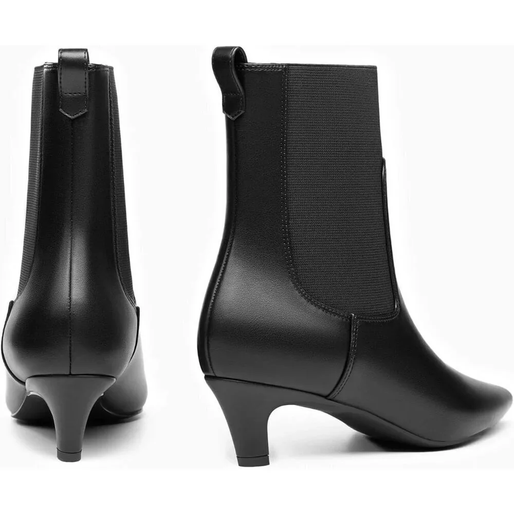 Women's Black Pu Ankle Low Kitten Heel Pointed Toe Slip On Dressy Winter Boots